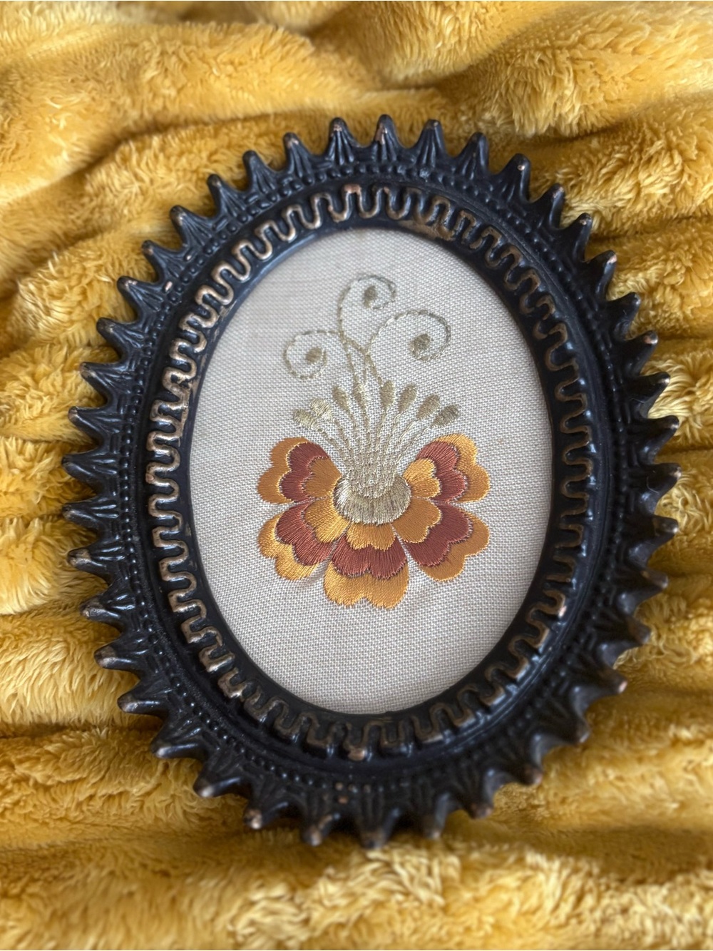Vintage framed embroidered floral yellow and brown tones